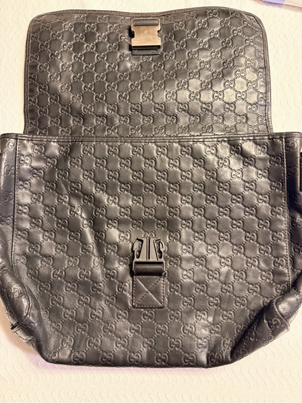 Gucci Black Embossed GG Leather Duffel with Green-Red Web Detail